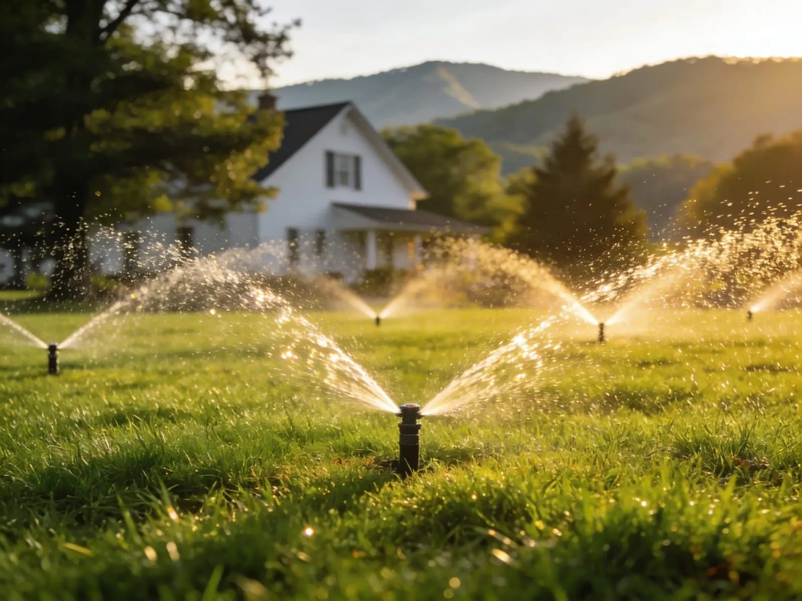 Healthy green lawn at a white farmhouse